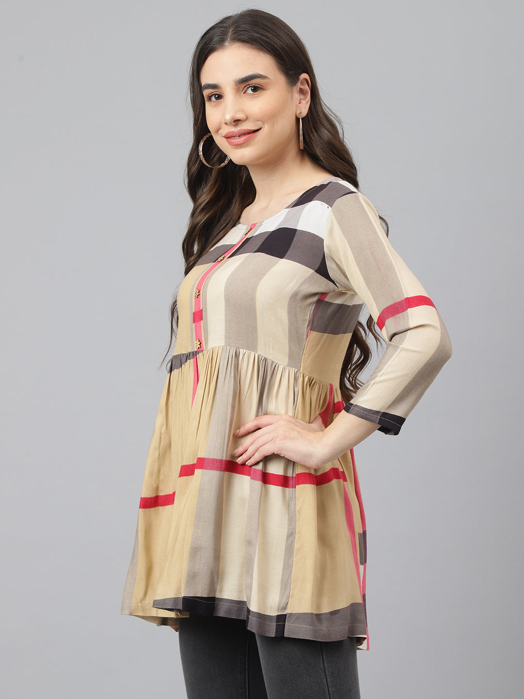 Adaa Jaipur Casual Regular Sleeves Printed Women Brown Top