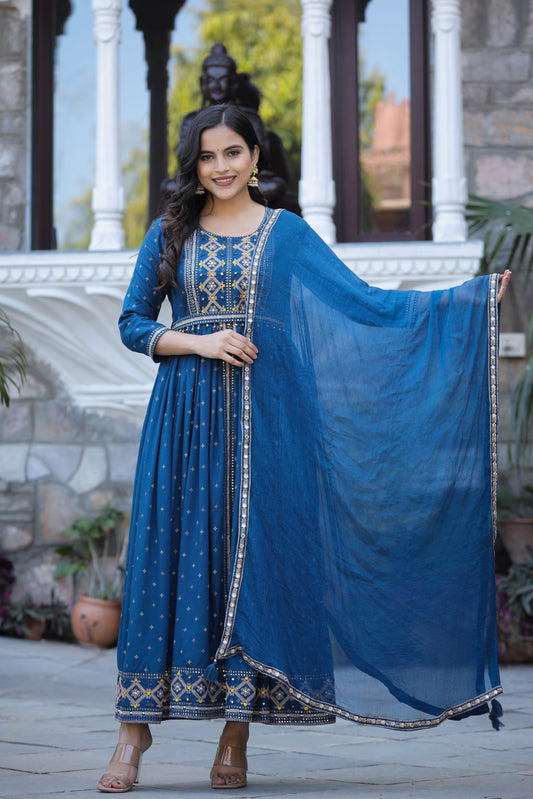 Adaa Jaipur Long Gown With Chinon Dupatta Heavy Embroidery Work (Teal Blue)