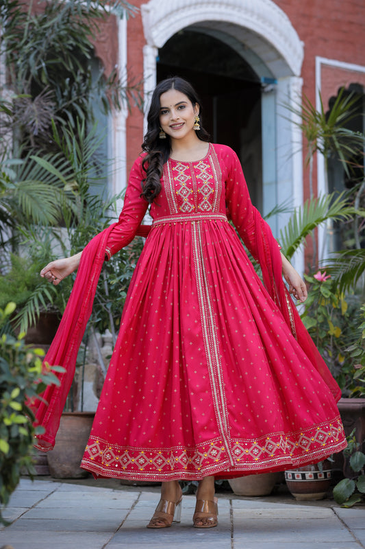 Adaa Jaipur Long Gown With Chinon Dupatta Heavy Embroidery Work (Pink)