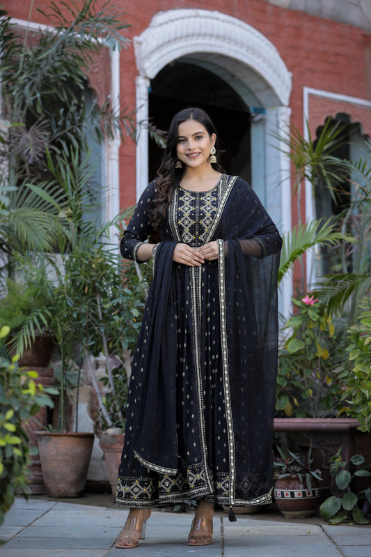 Adaa Jaipur Long Gown With Chinon Dupatta Heavy Embroidery Work With Sequence Mirror Work (Black)