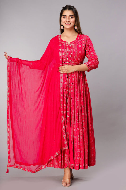 Adaa Jaipur Long Gown With Chinon Dupatta Heavy Embroidery Work With Sequence Mirror Work (Pink)