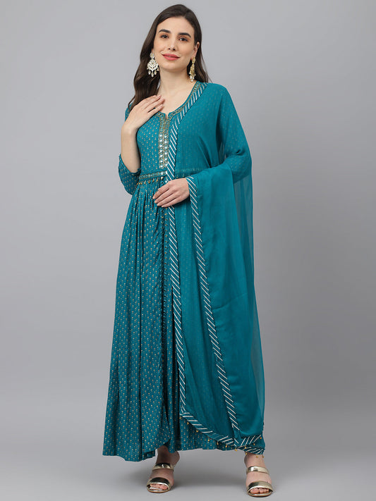 Adaa Jaipur Long Gown With Chinon Dupatta Heavy Embroidery Work  (Blue)