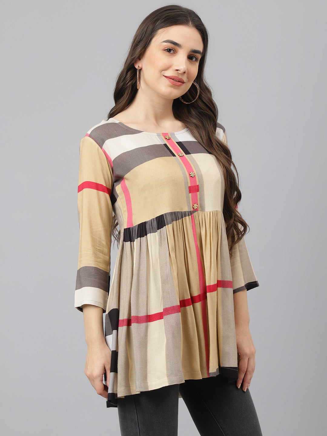 Adaa Jaipur Casual Regular Sleeves Printed Women Brown Top