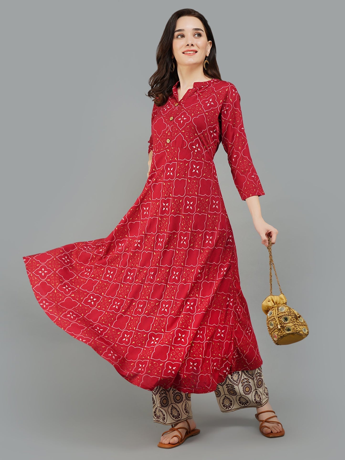 Adaa Jaipur Maroon Anarkali Printed Kurta Set