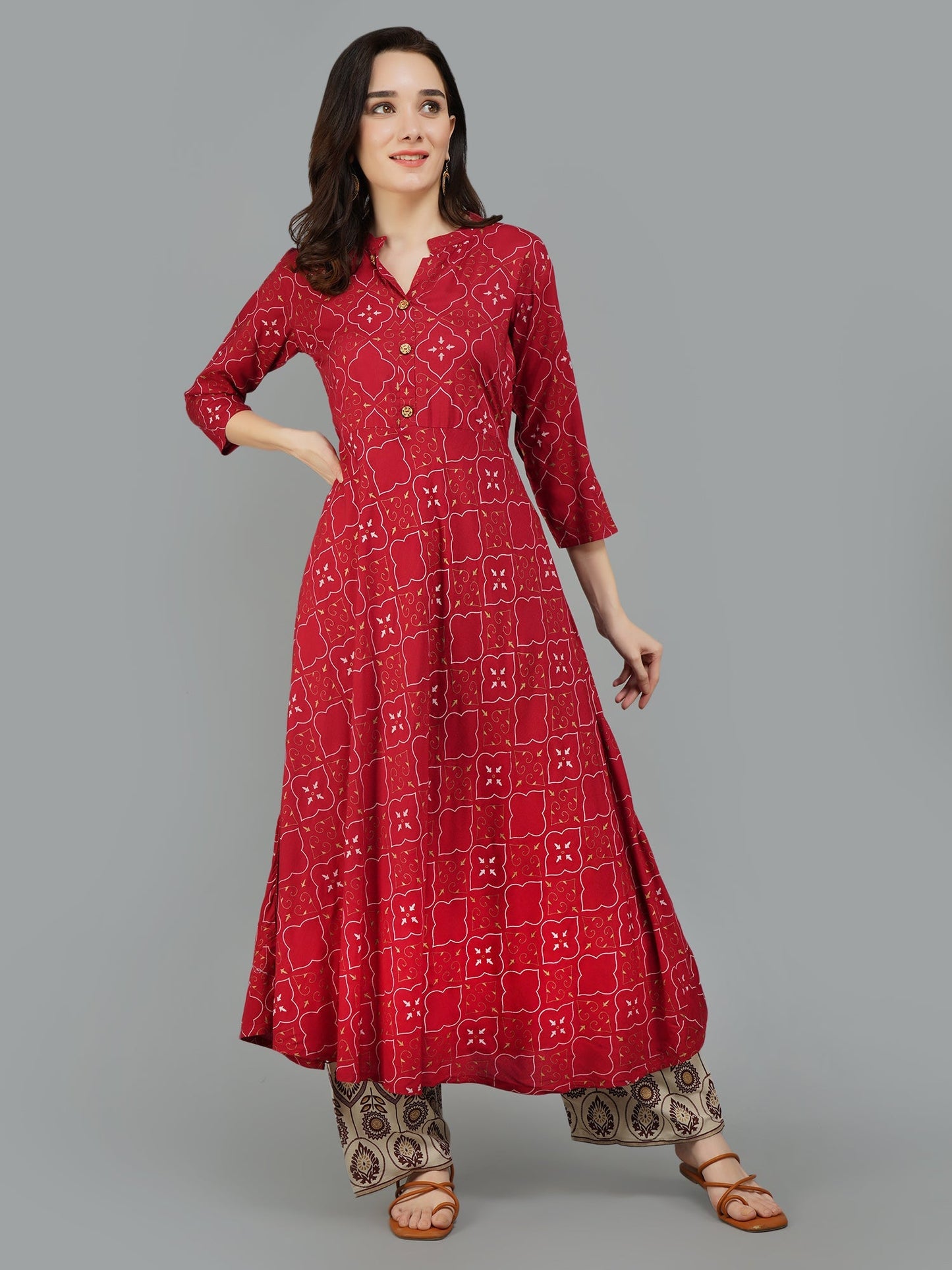 Adaa Jaipur Maroon Anarkali Printed Kurta Set