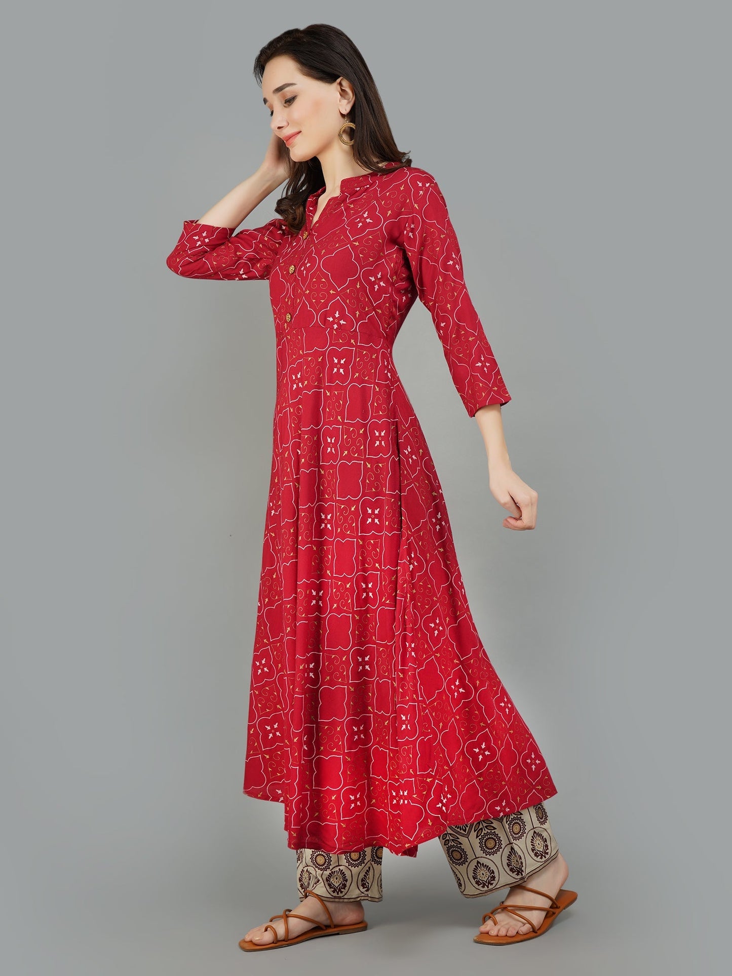 Adaa Jaipur Maroon Anarkali Printed Kurta Set