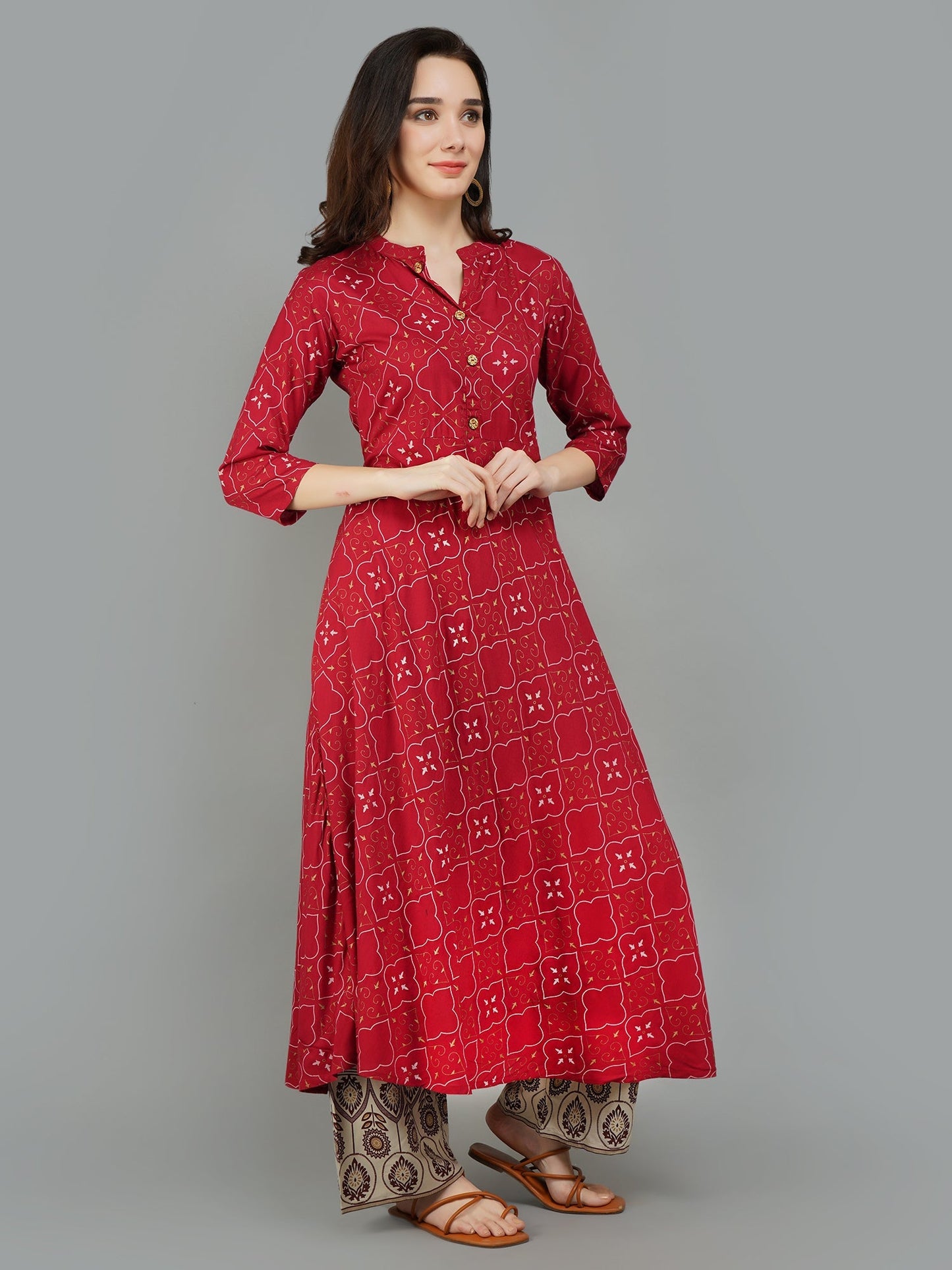 Adaa Jaipur Maroon Anarkali Printed Kurta Set