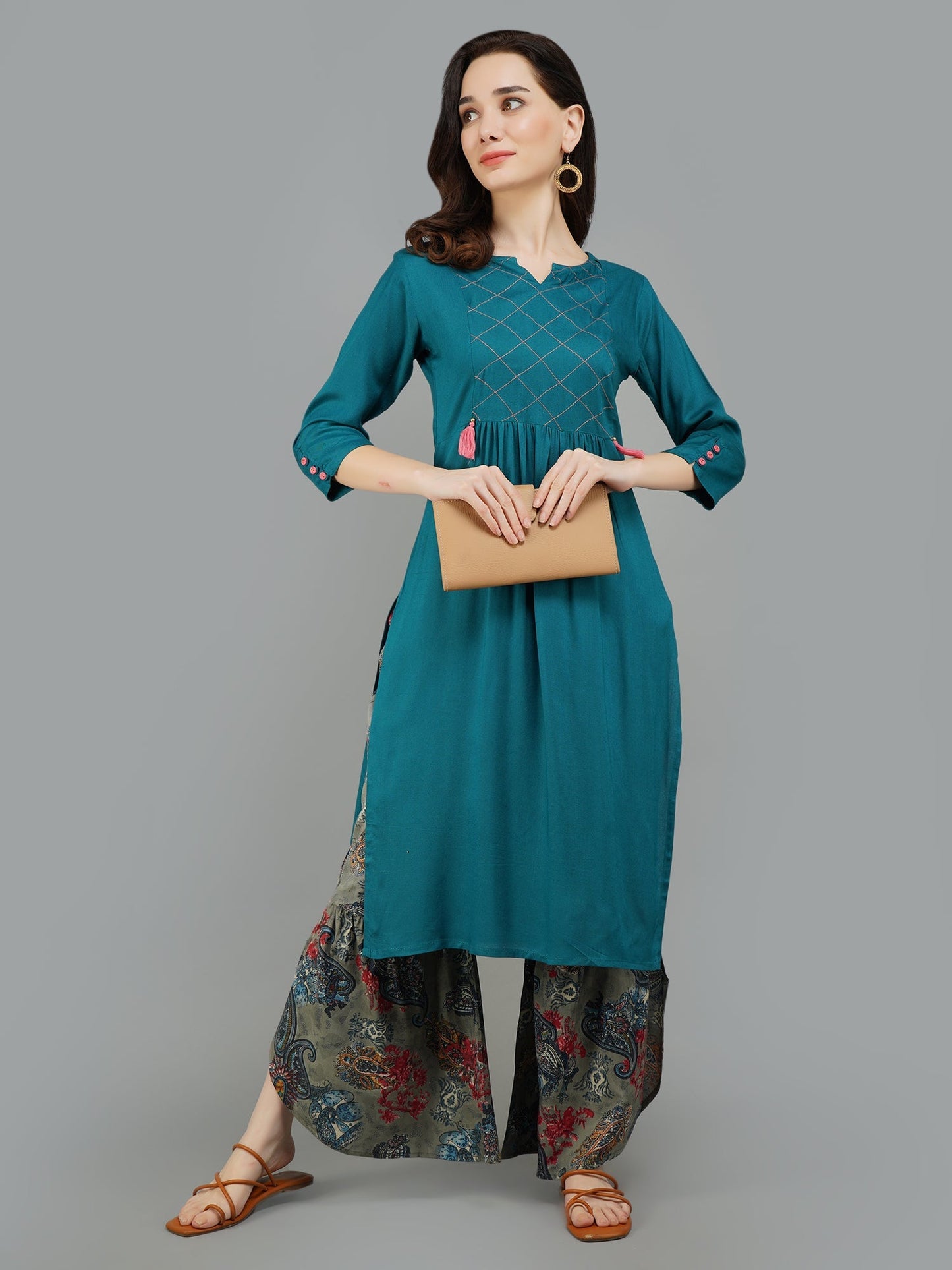 Adaa Jaipur Teal Blue Printed Kurta Set