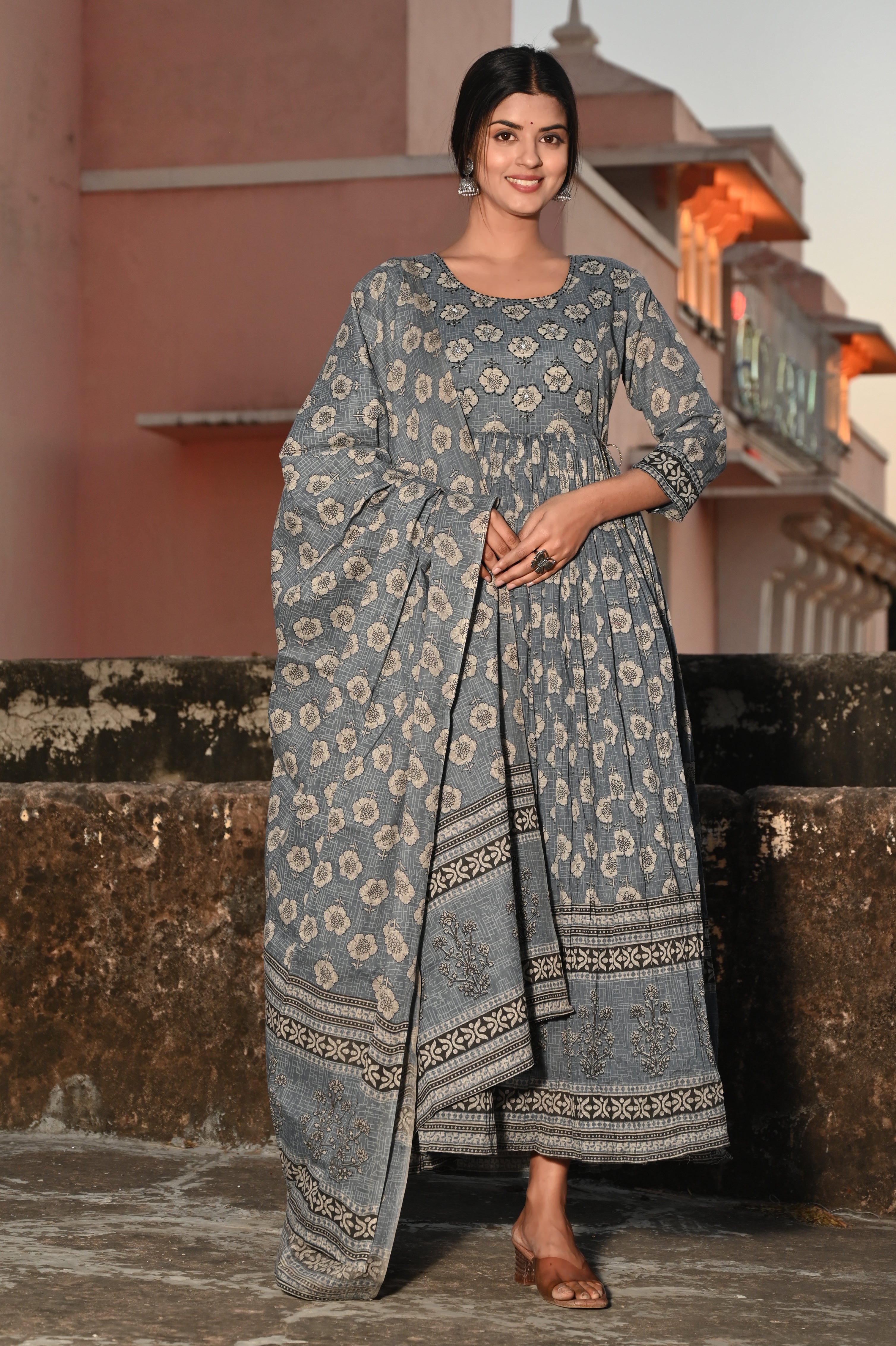 Adaa Jaipur Long Gown With Malmal Dupatta Sequence  Work (Grey)