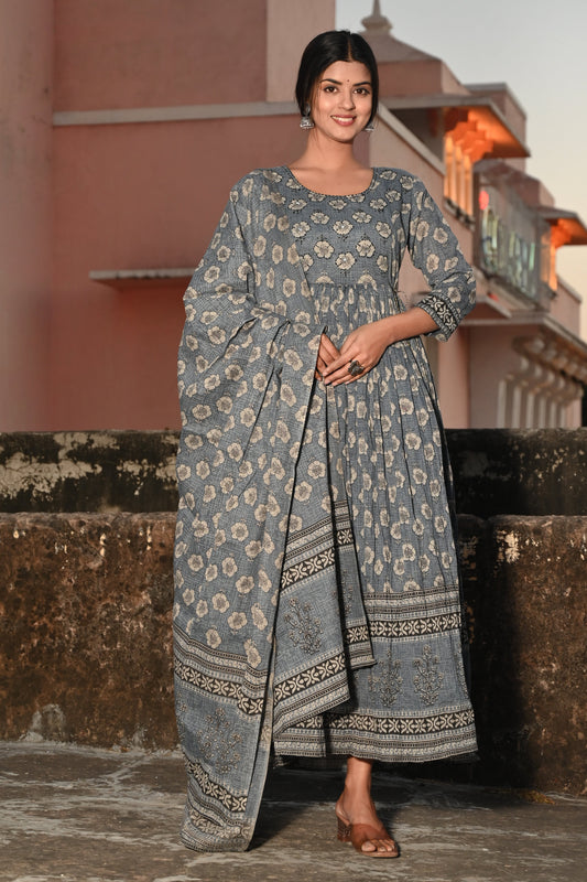 Adaa Jaipur Long Gown With Malmal Dupatta Sequence  Work (Grey)