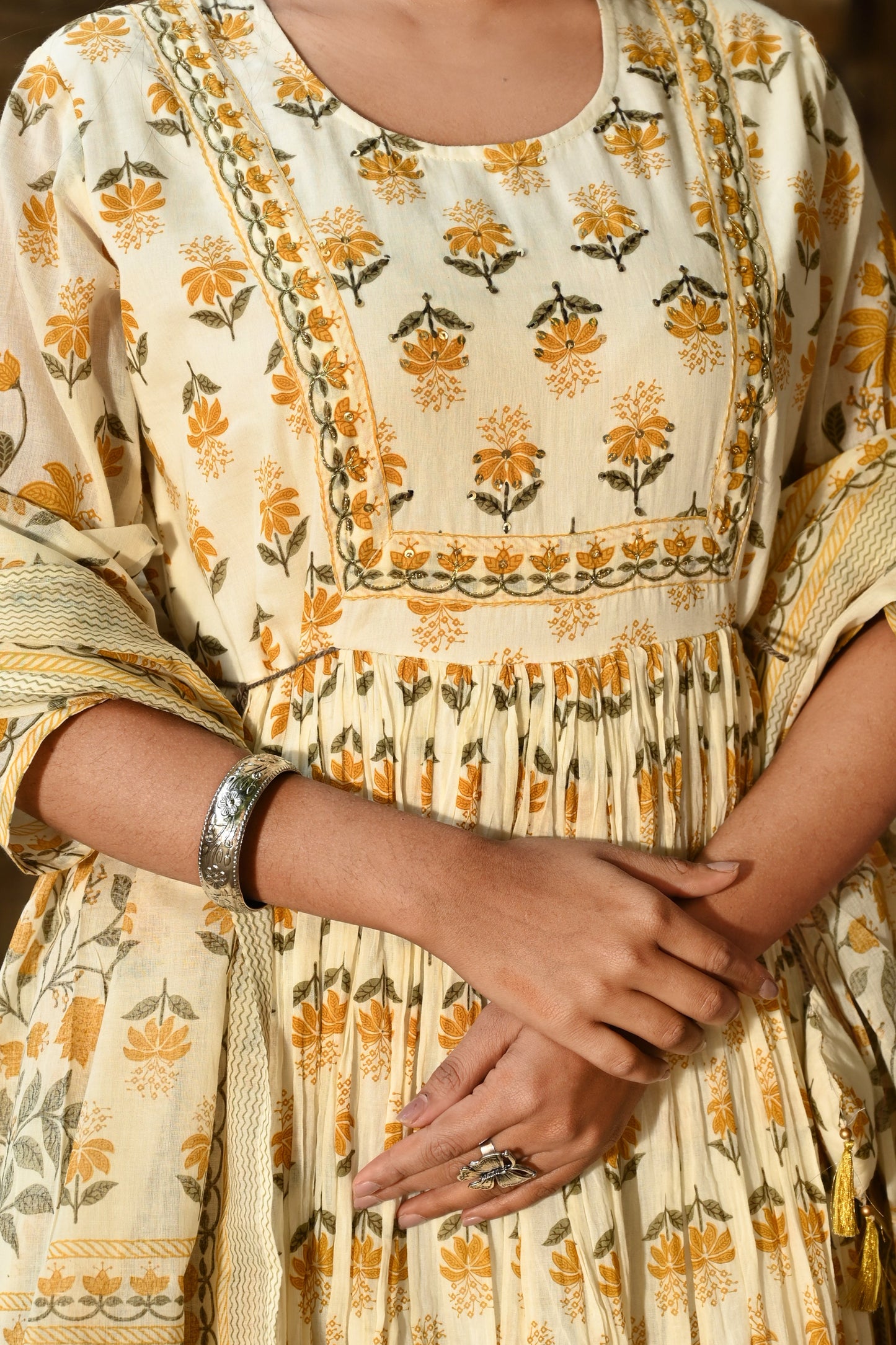 Adaa Jaipur Long Gown With Malmal Dupatta Embroidery Work With Sequence Mirror Work (Yellow)
