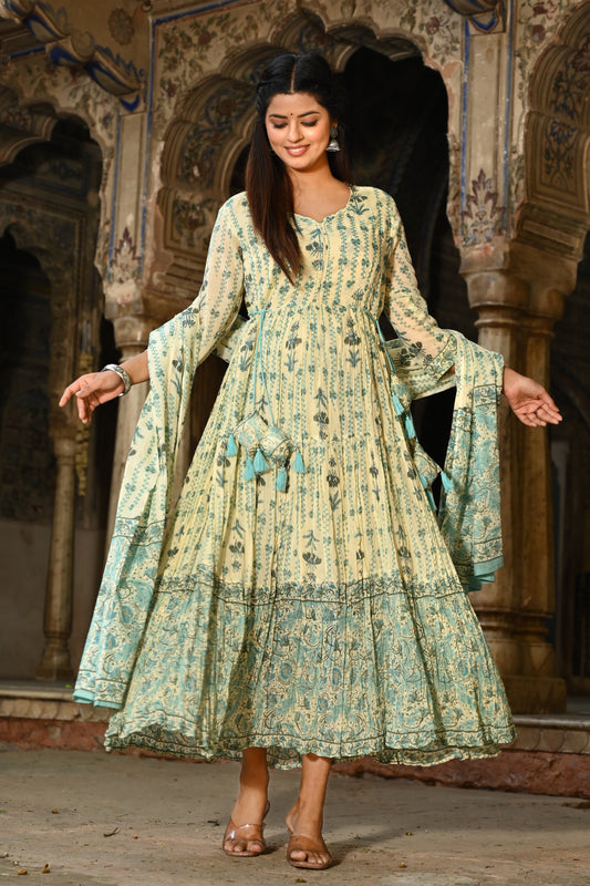 Adaa Jaipur Long Gown With Malmal Dupatta Sequence Work( Green)