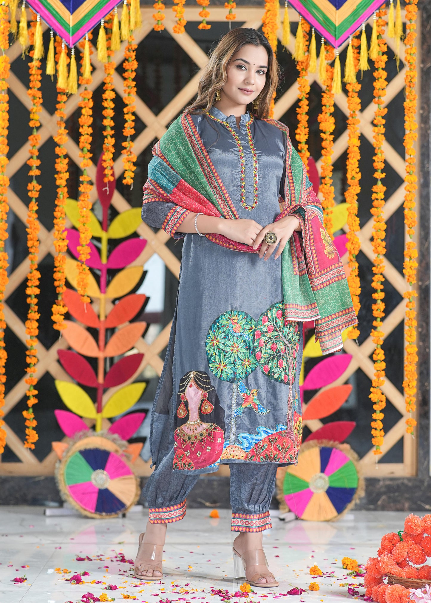 Adaa Jaipur NAJARAH Silk Crep Heavy Embroidery Work Kurti & Salwar With Dupatta (Dark Grey)
