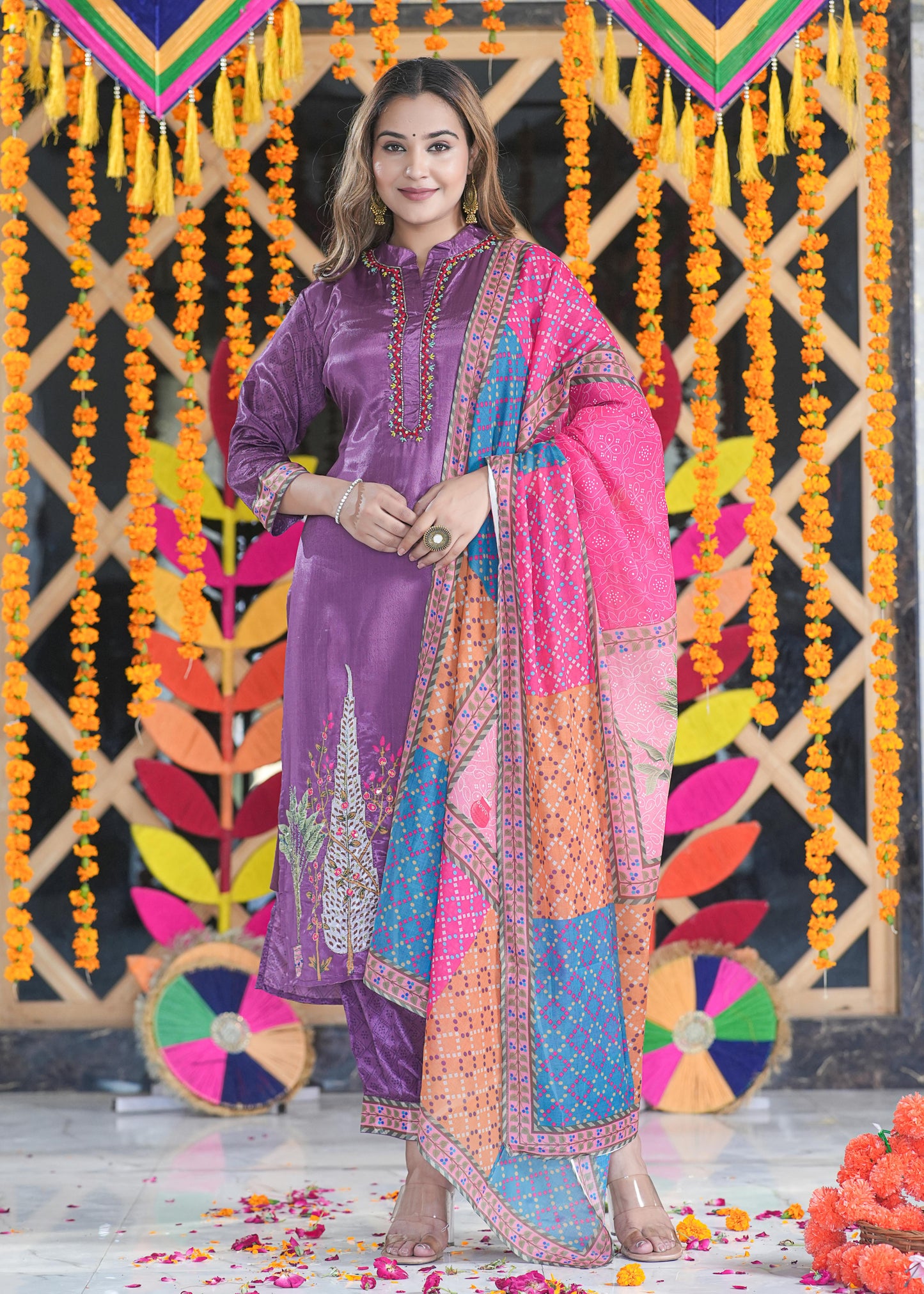 Adaa Jaipur NAJARAH Silk Crep Heavy Embroidery Work Kurti & Salwar With Dupatta (Wine)
