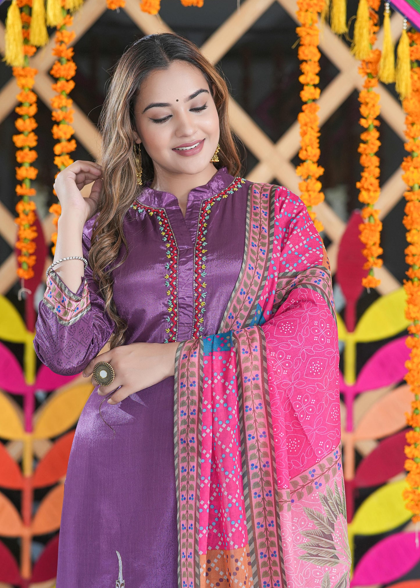 Adaa Jaipur NAJARAH Silk Crep Heavy Embroidery Work Kurti & Salwar With Dupatta (Wine)