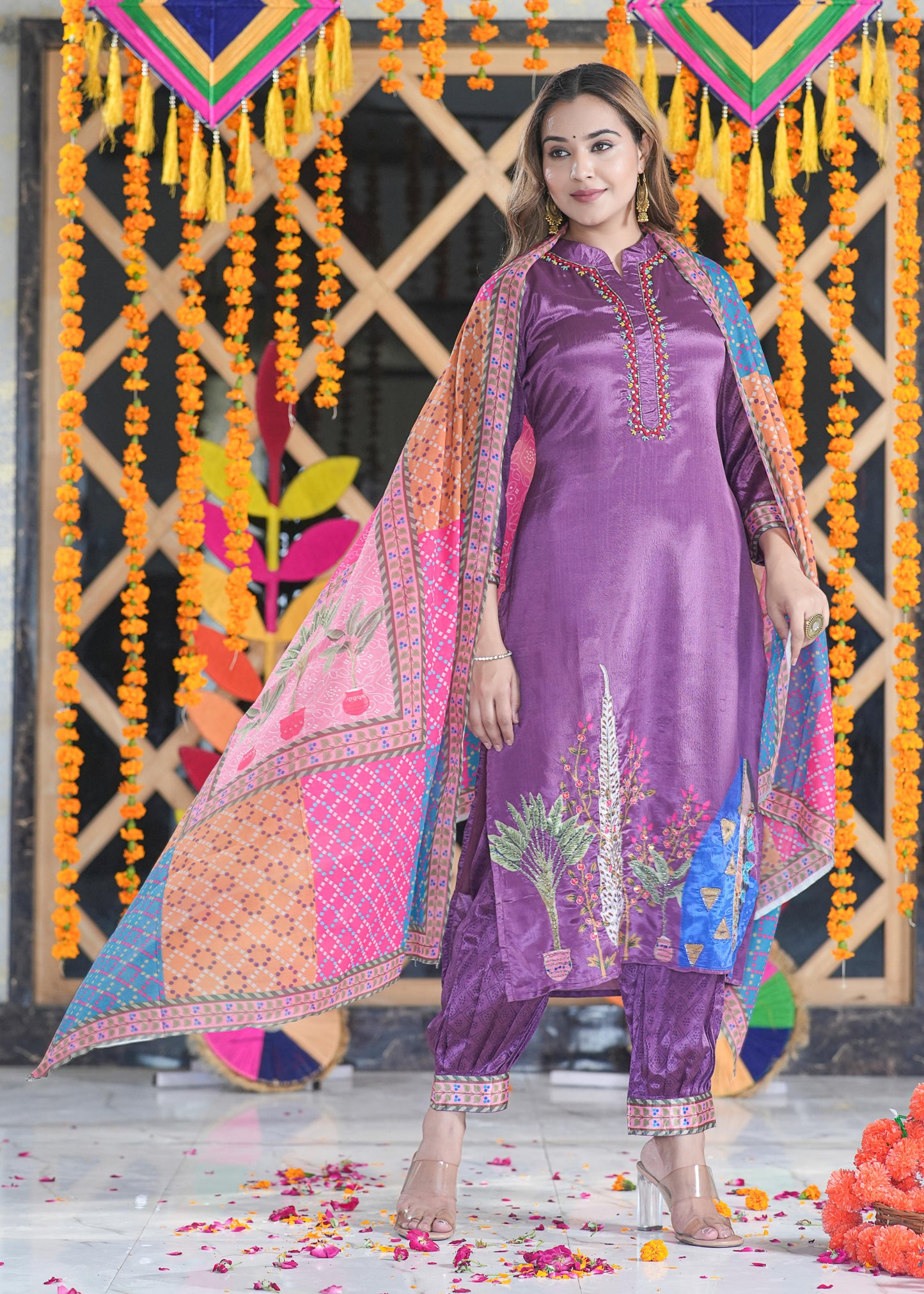 Adaa Jaipur NAJARAH Silk Crep Heavy Embroidery Work Kurti & Salwar With Dupatta (Wine)