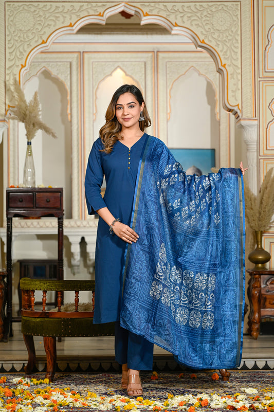 Adaa Jaipur Women Blue Kurta With Trousers & With Dupatta Set