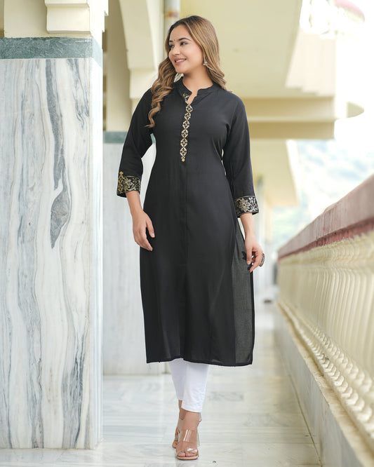 Adaa Jaipur RIMJHIM Rayon Frontslit Straight Kurti With Pocket for (Black)