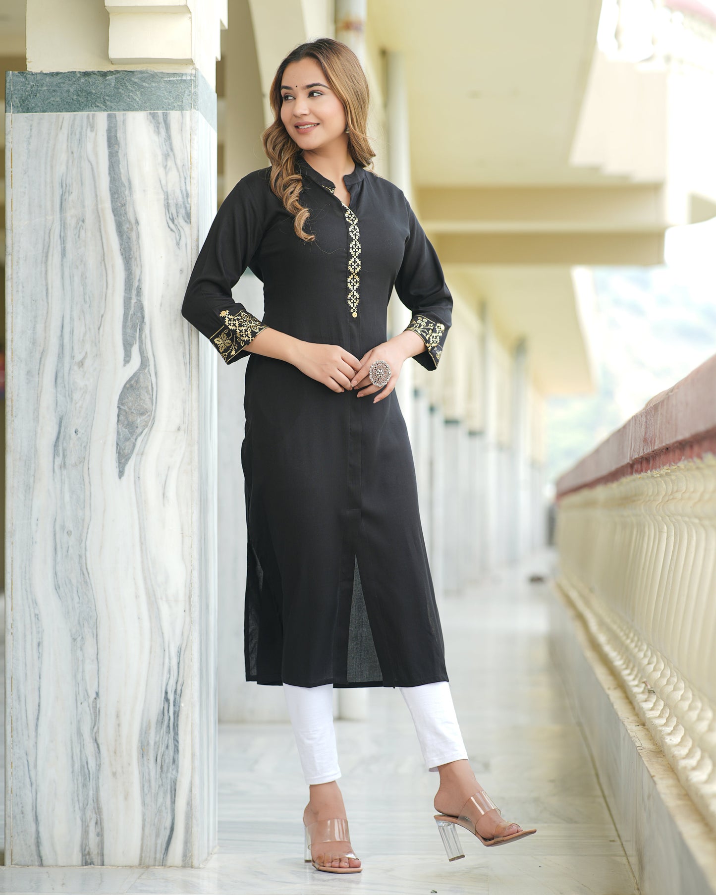 Adaa Jaipur RIMJHIM Rayon Frontslit Straight Kurti With Pocket for (Black)