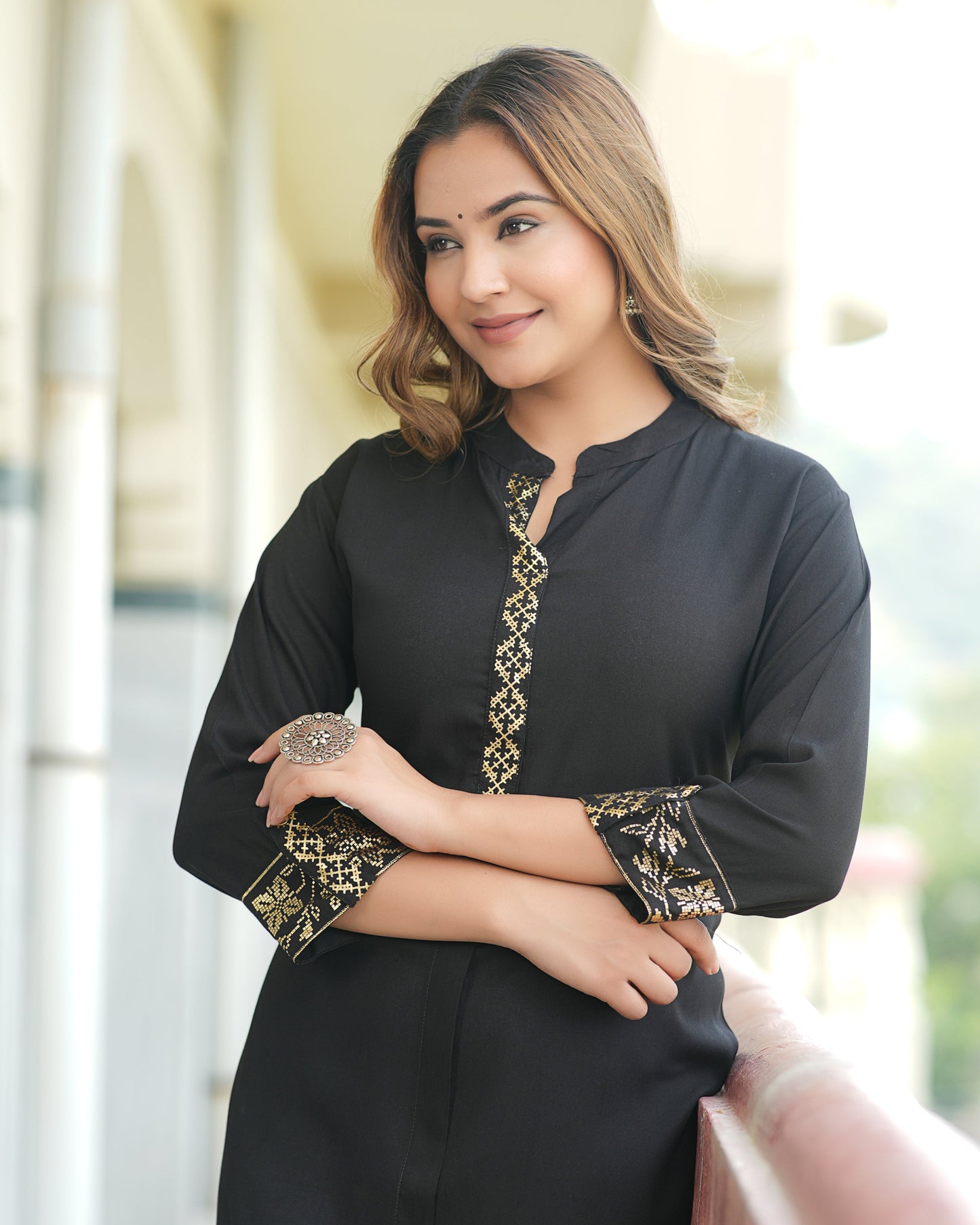 Adaa Jaipur RIMJHIM Rayon Frontslit Straight Kurti With Pocket for (Black)