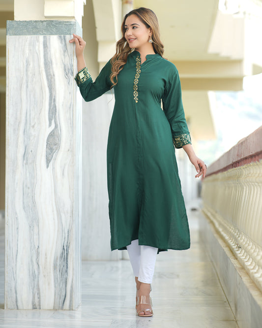 Adaa Jaipur RIMJHIM Rayon Solid Frontslit Straight Kurti With Pocket for (Green)