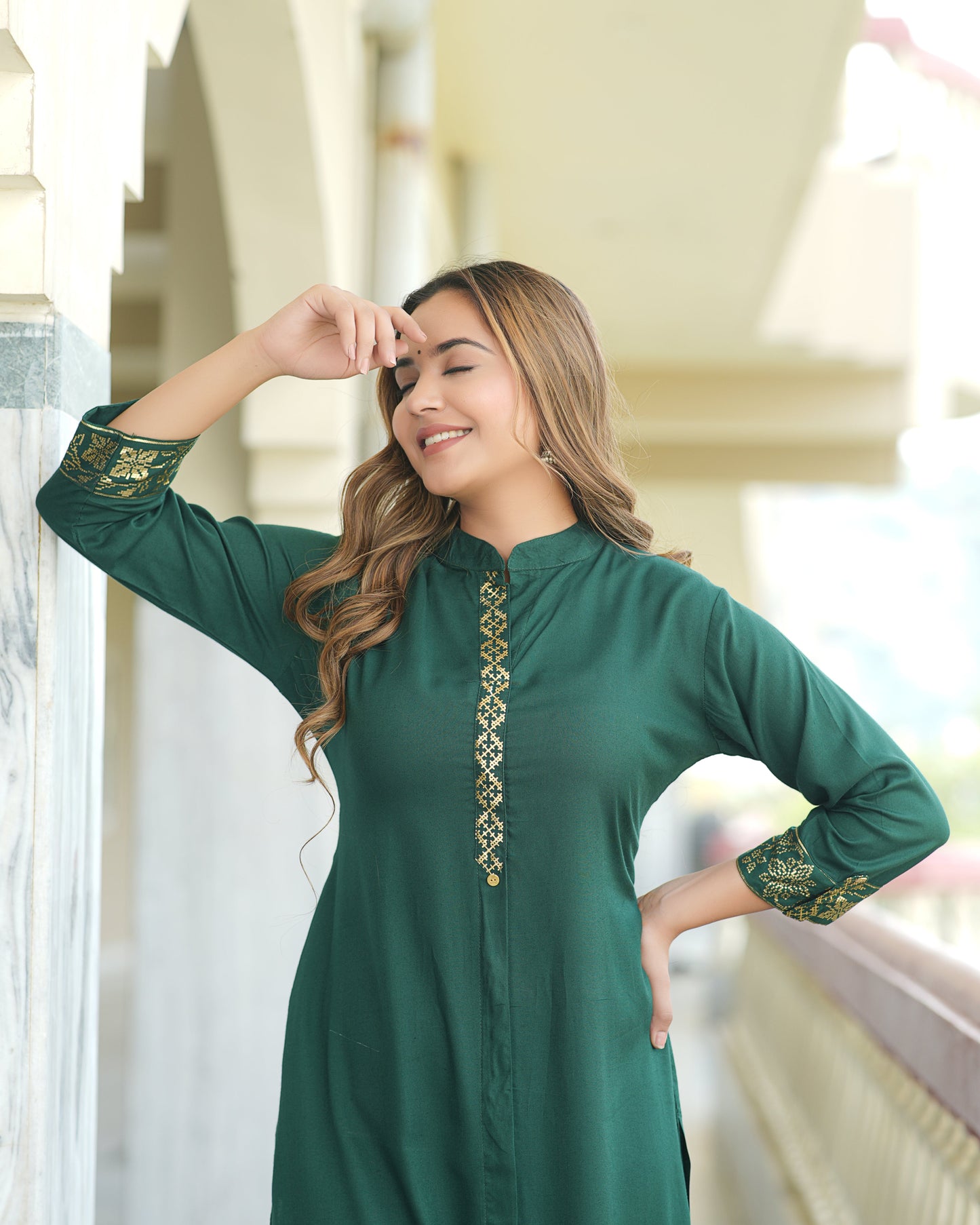 Adaa Jaipur RIMJHIM Rayon Solid Frontslit Straight Kurti With Pocket for (Green)