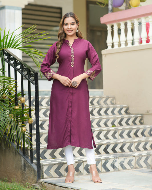 Adaa Jaipur RIMJHIM Rayon Solid Frontslit Straight Kurti With Pocket for (Wine)