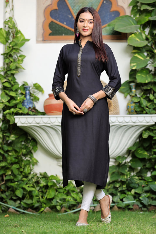 Adaa Jaipur RIMJHIM Rayon Frontslit Straight Kurti With Pocket for (Black)