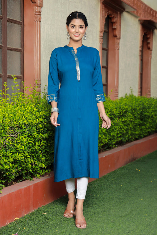 Adaa Jaipur RIMJHIM Rayon Solid Frontslit Straight Kurti With Pocket for (Teal Blue)