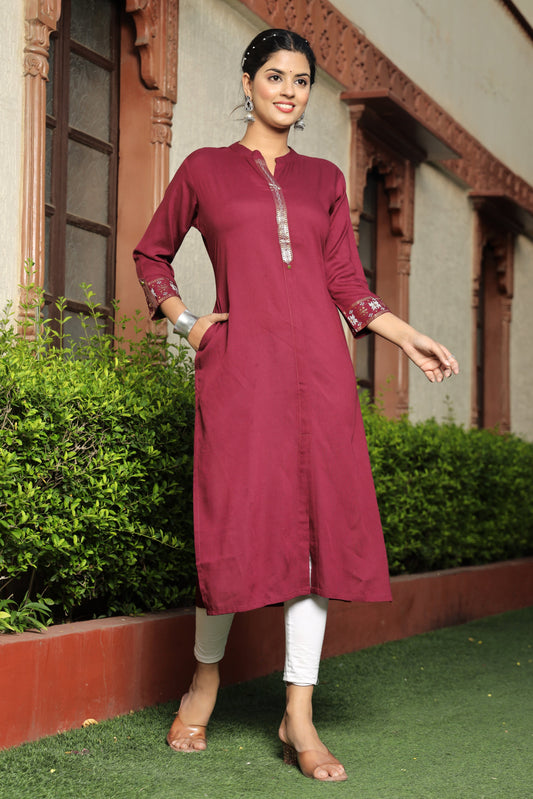 Adaa Jaipur RIMJHIM Rayon Solid Frontslit Straight Kurti With Pocket for (Wine)