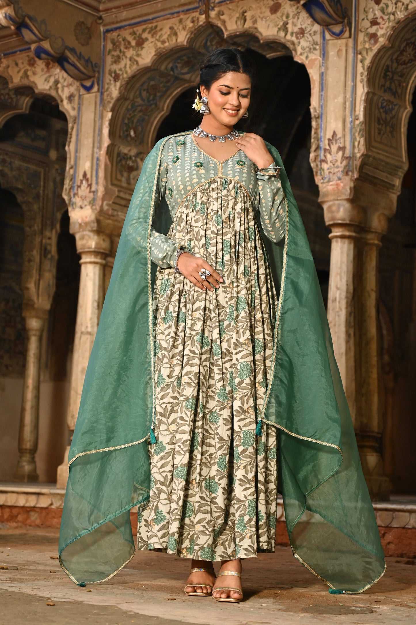 Adaa Jaipur Long Gown With Chinon Dupatta Lace Work